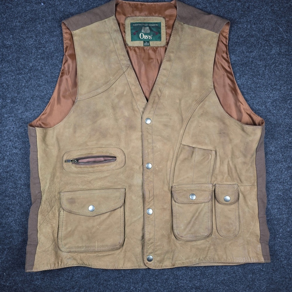 Vtg Orvis Men's Brown Leather Cotton Utility Hunting Vest Snap Front Size L